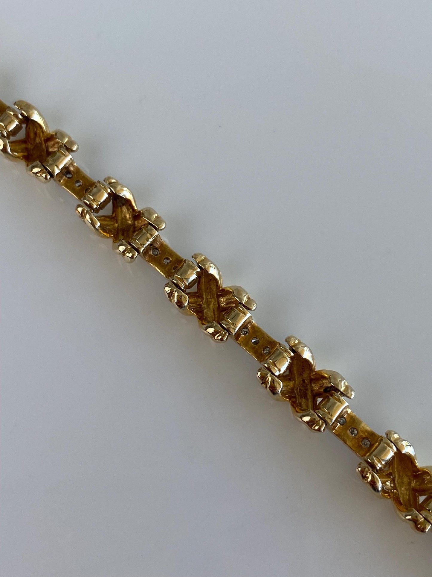 Vintage Solid 14k White & Yellow Gold Diamond X Link Bracelet - 7.5 Inches