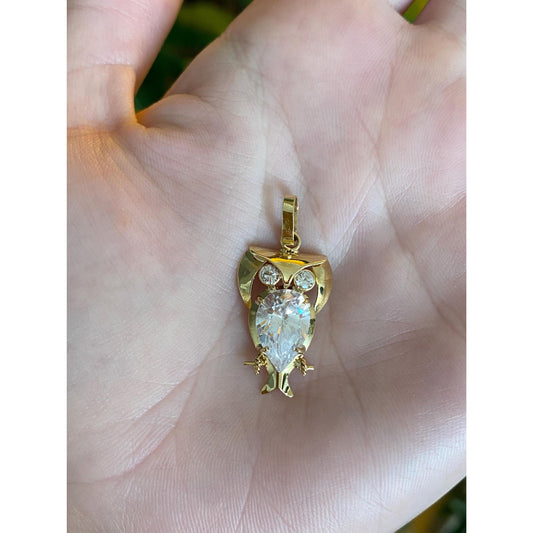 Vintage Solid 18k Yellow Gold Clear Cubic Zirconia Owl Charm