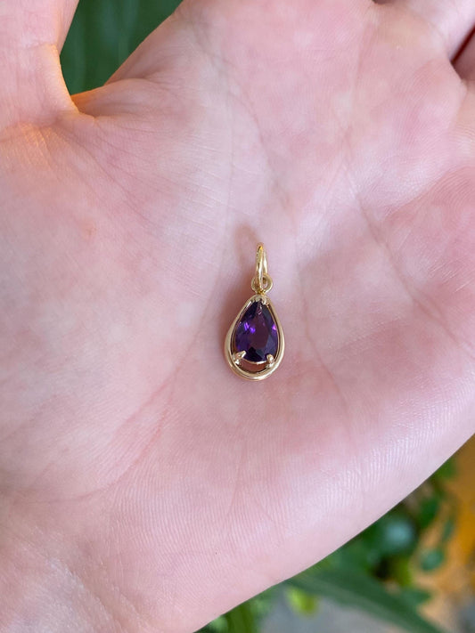 Vintage Solid 14k Yellow Gold Amethyst Teardrop Charm