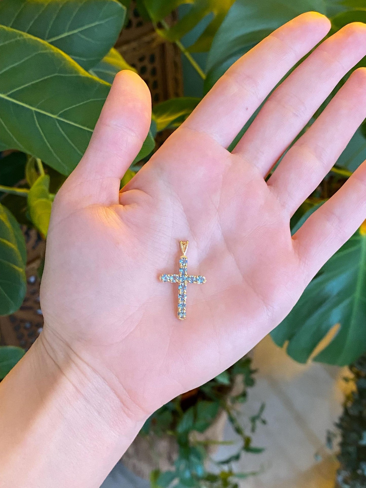 Vintage Solid 10k Yellow Gold Topaz Cross Charm