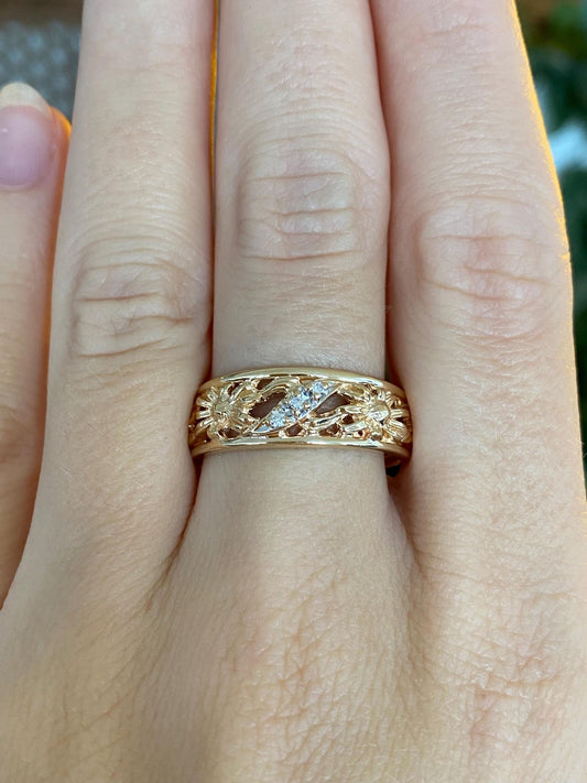 Vintage Solid 14k White & Yellow Gold Diamonds Floral Ring Band - Size 9.25