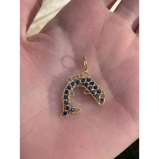 Vintage Solid 18k Yellow Gold Blue Spinel Fish Charm