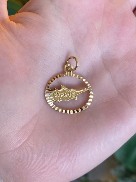 Vintage Solid 18k Yellow Gold Engine Turned Cyprus Charm