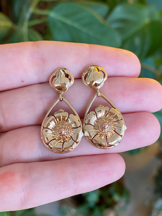 Vintage Solid 14k Yellow Gold Flower Dangle Stud Earrings