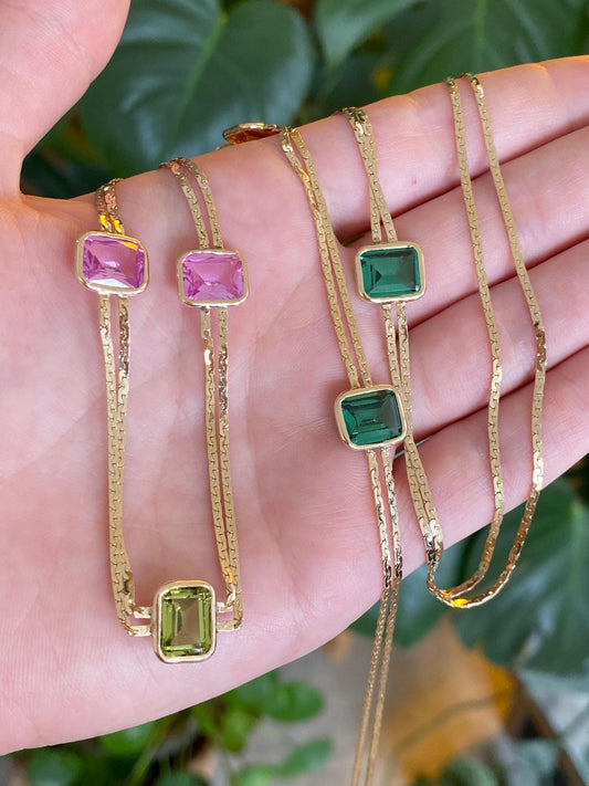 Vintage Solid 14k Yellow Gold Light & Dark Green Spinel Yellow and Pink Sapphire C Link Chain Necklace - 31.5 inches