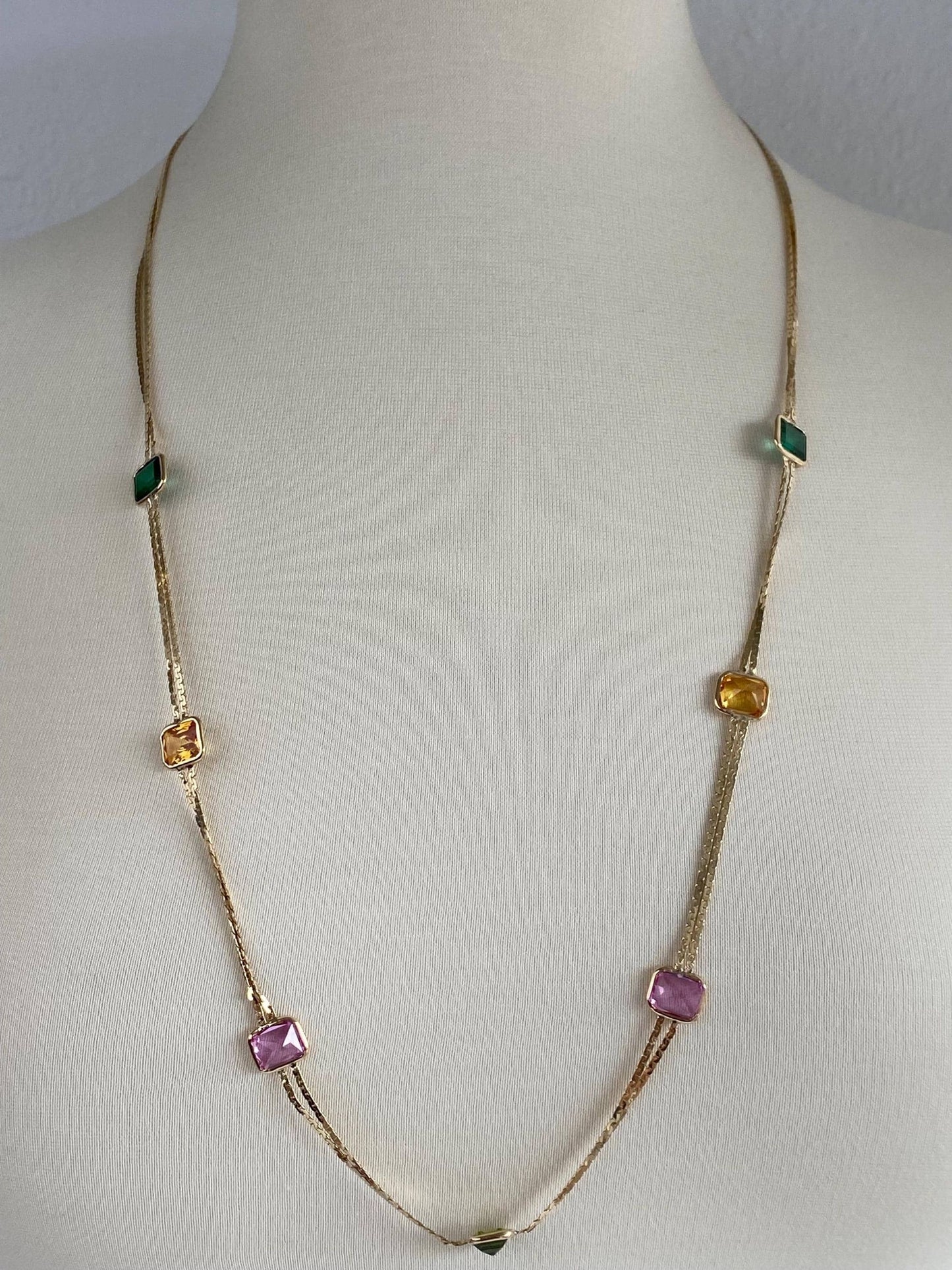 Vintage Solid 14k Yellow Gold Light & Dark Green Spinel Yellow and Pink Sapphire C Link Chain Necklace - 31.5 inches