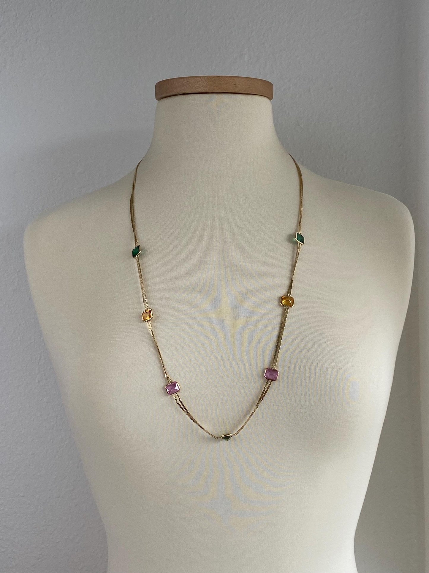 Vintage Solid 14k Yellow Gold Light & Dark Green Spinel Yellow and Pink Sapphire C Link Chain Necklace - 31.5 inches