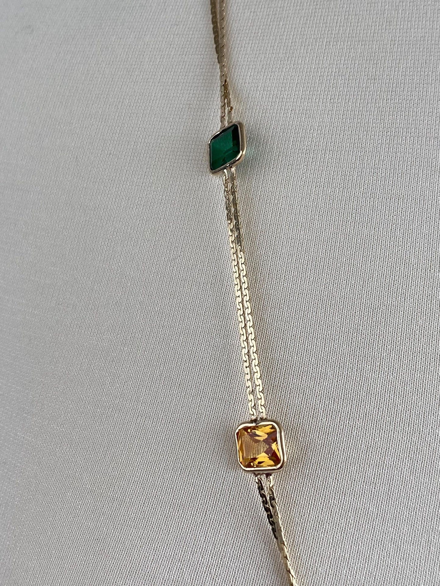 Vintage Solid 14k Yellow Gold Light & Dark Green Spinel Yellow and Pink Sapphire C Link Chain Necklace - 31.5 inches