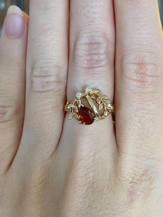 Vintage Solid 14k Yellow Gold Citrine Diamonds Wheat Design Ring - Size 6