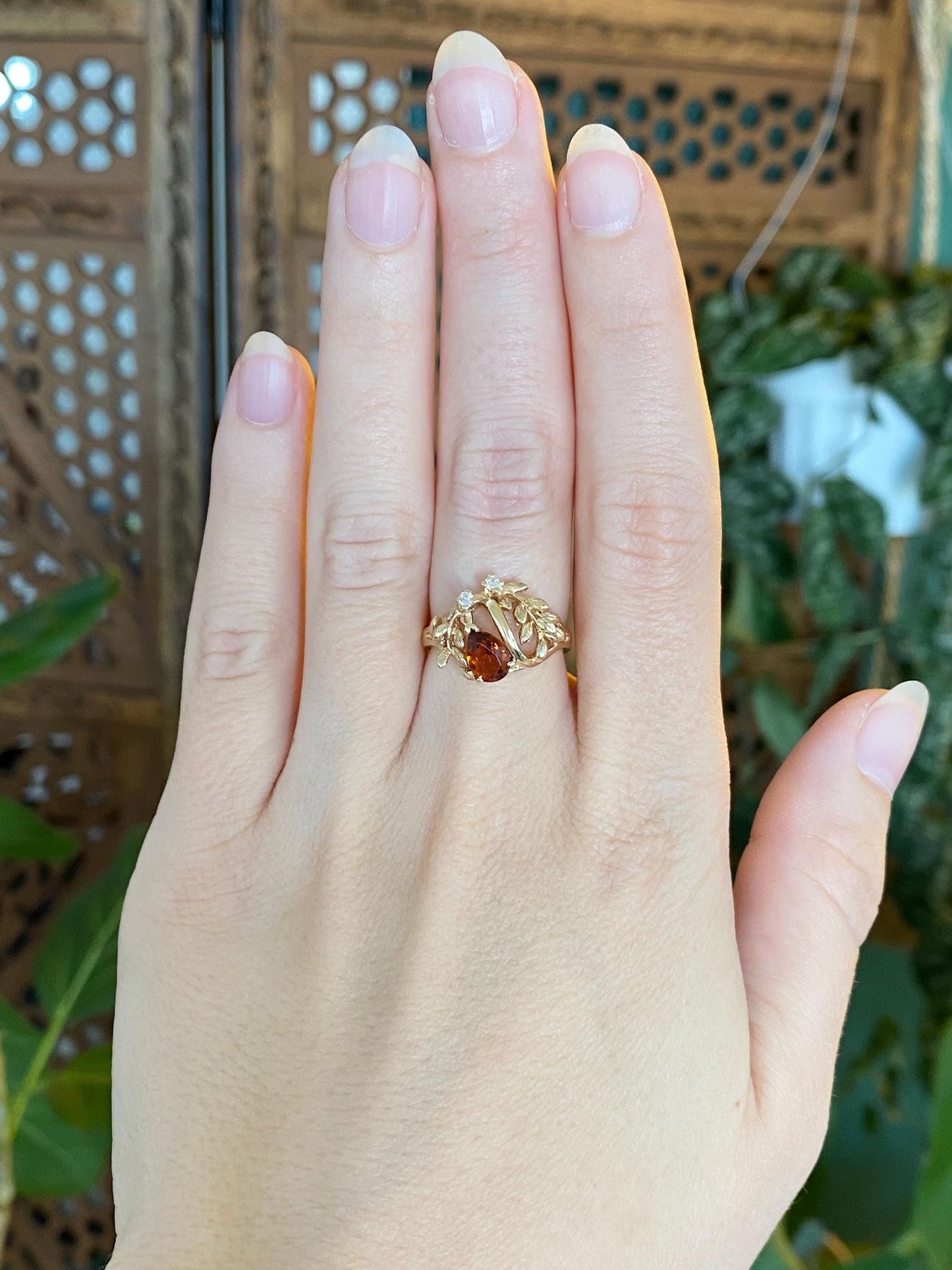 Vintage Solid 14k Yellow Gold Citrine Diamonds Wheat Design Ring - Size 6