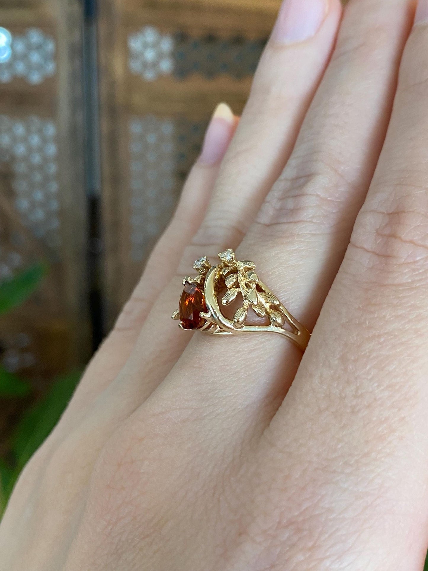 Vintage Solid 14k Yellow Gold Citrine Diamonds Wheat Design Ring - Size 6
