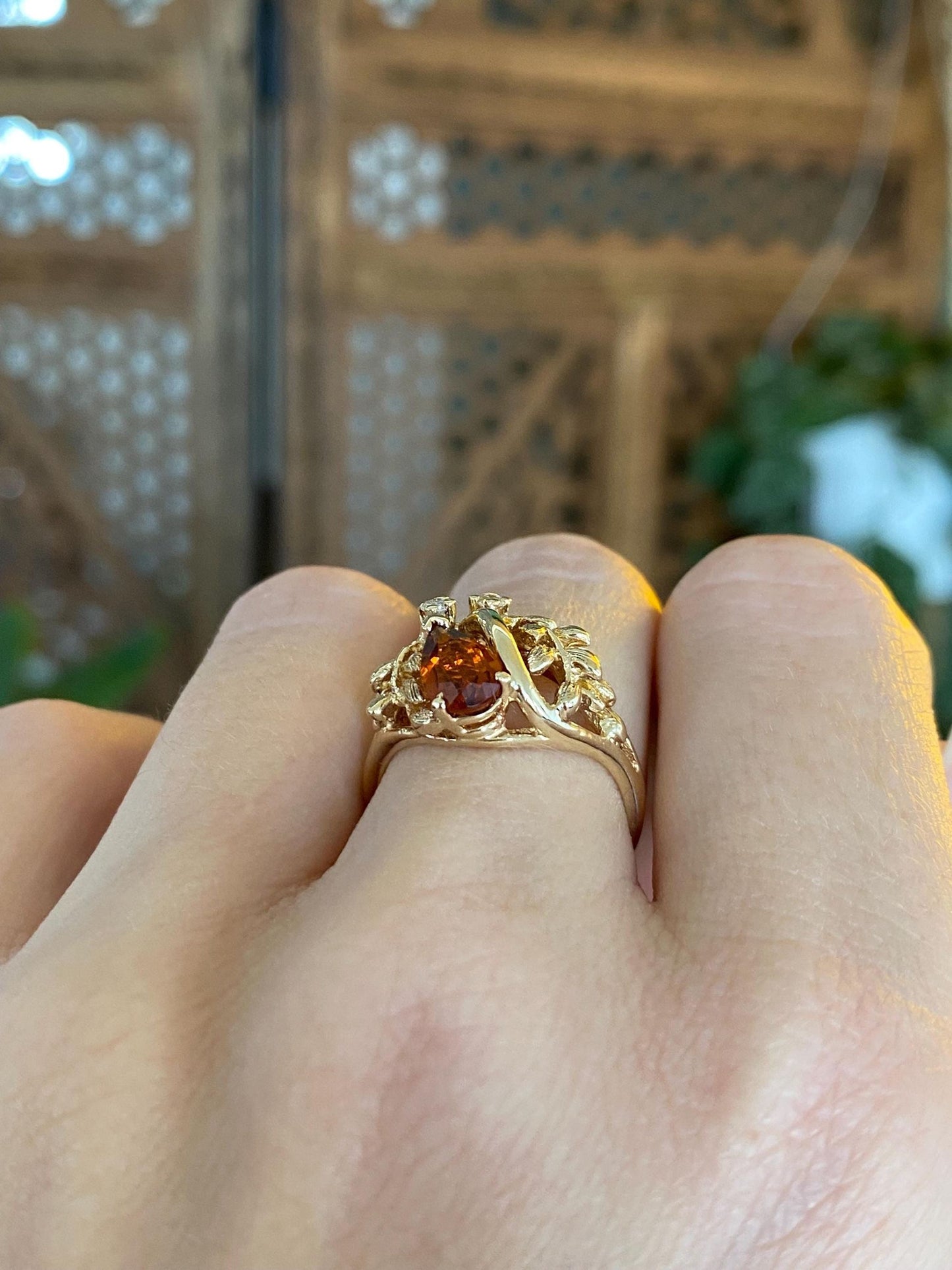 Vintage Solid 14k Yellow Gold Citrine Diamonds Wheat Design Ring - Size 6
