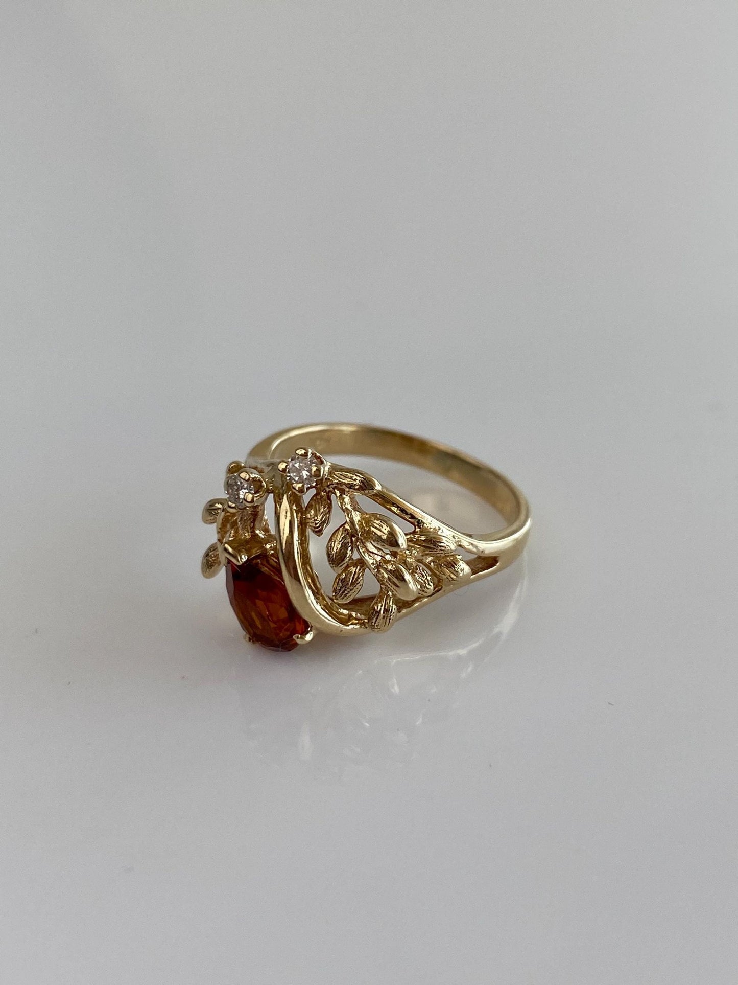 Vintage Solid 14k Yellow Gold Citrine Diamonds Wheat Design Ring - Size 6