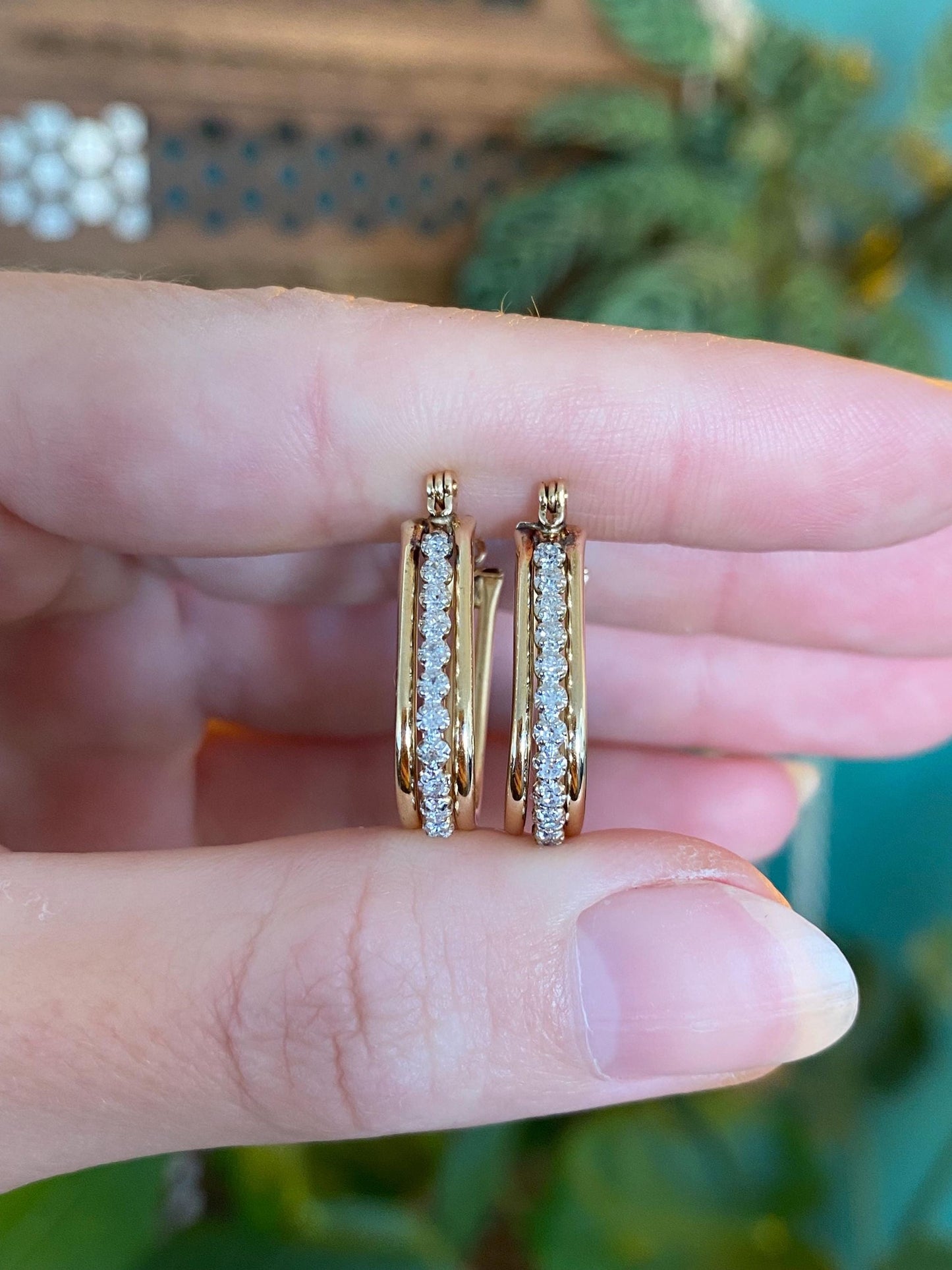 Vintage 14k White & Yellow Gold Diamond Hoop Earrings