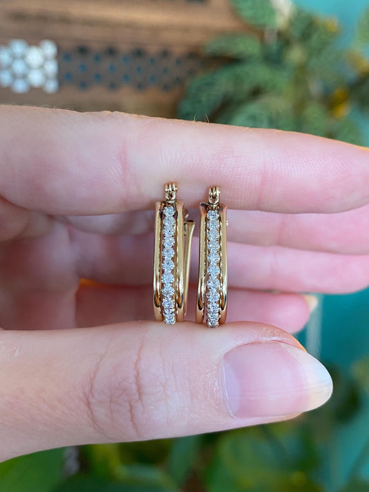 Vintage 14k White & Yellow Gold Diamond Hoop Earrings