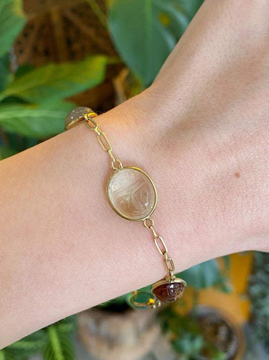Vintage Solid 14k Yellow Gold Clear Spinel Green Chalcedony Carnelian Milky Quartz Citrine Carved Scarab Long Link Bracelet - 7.75 inches