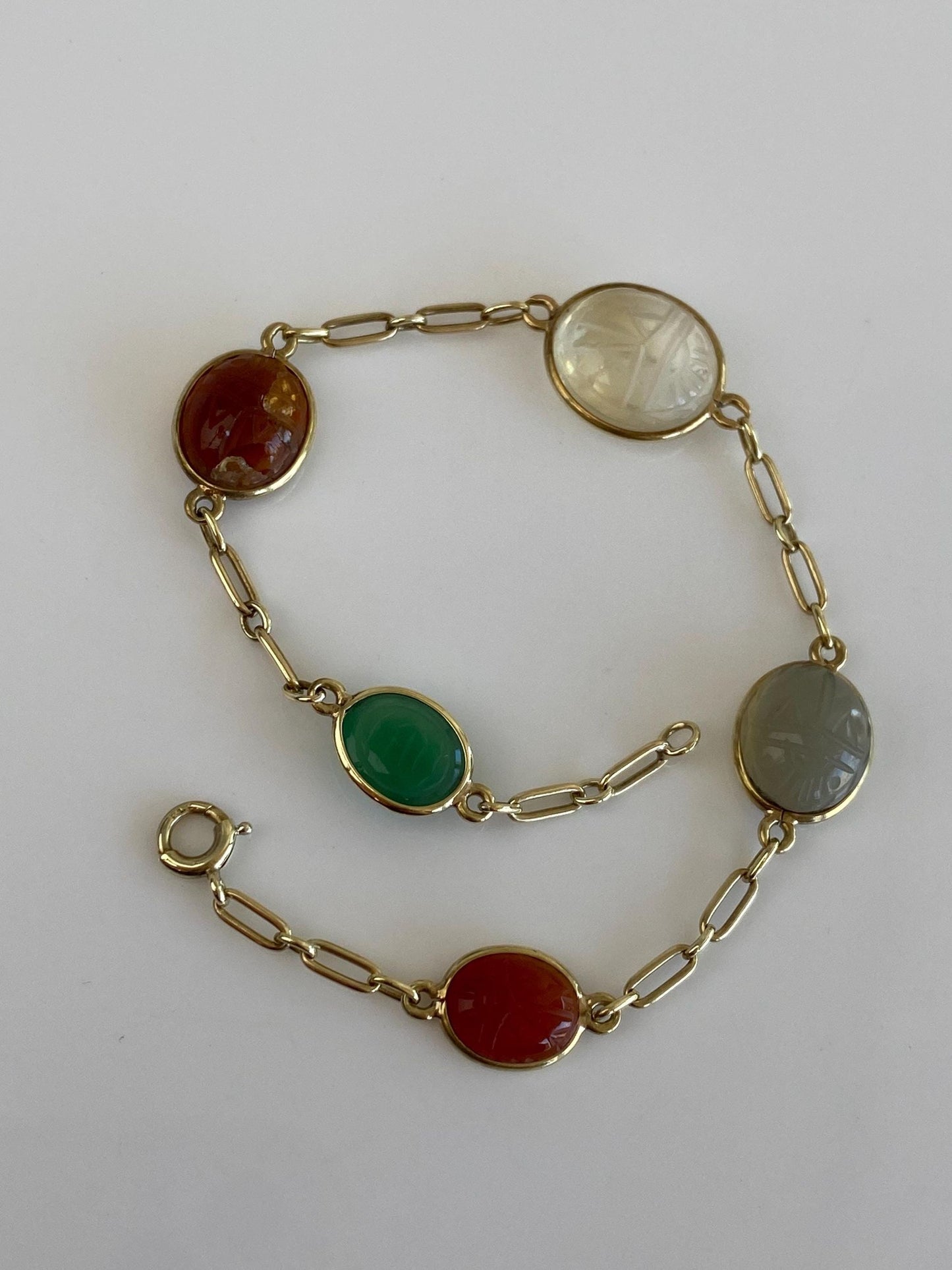 Vintage Solid 14k Yellow Gold Clear Spinel Green Chalcedony Carnelian Milky Quartz Citrine Carved Scarab Long Link Bracelet - 7.75 inches