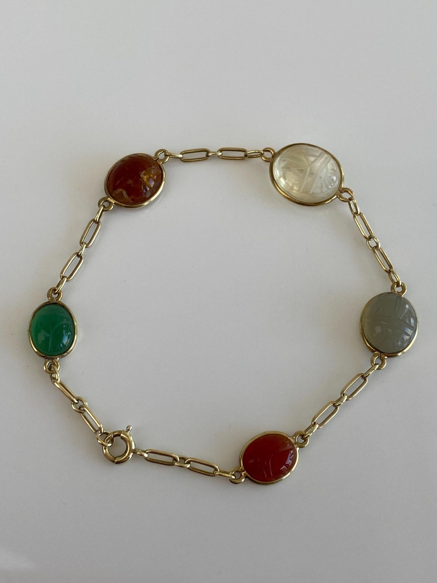 Vintage Solid 14k Yellow Gold Clear Spinel Green Chalcedony Carnelian Milky Quartz Citrine Carved Scarab Long Link Bracelet - 7.75 inches