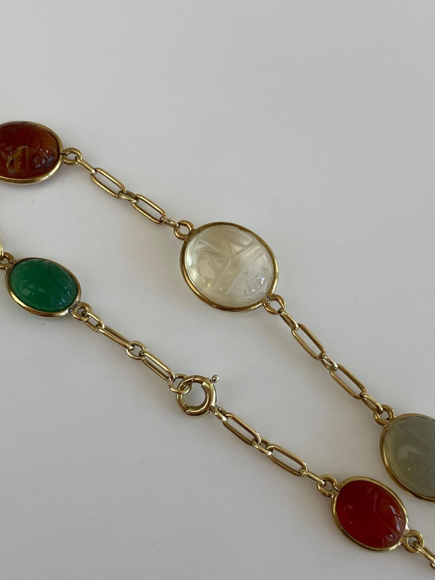 Vintage Solid 14k Yellow Gold Clear Spinel Green Chalcedony Carnelian Milky Quartz Citrine Carved Scarab Long Link Bracelet - 7.75 inches