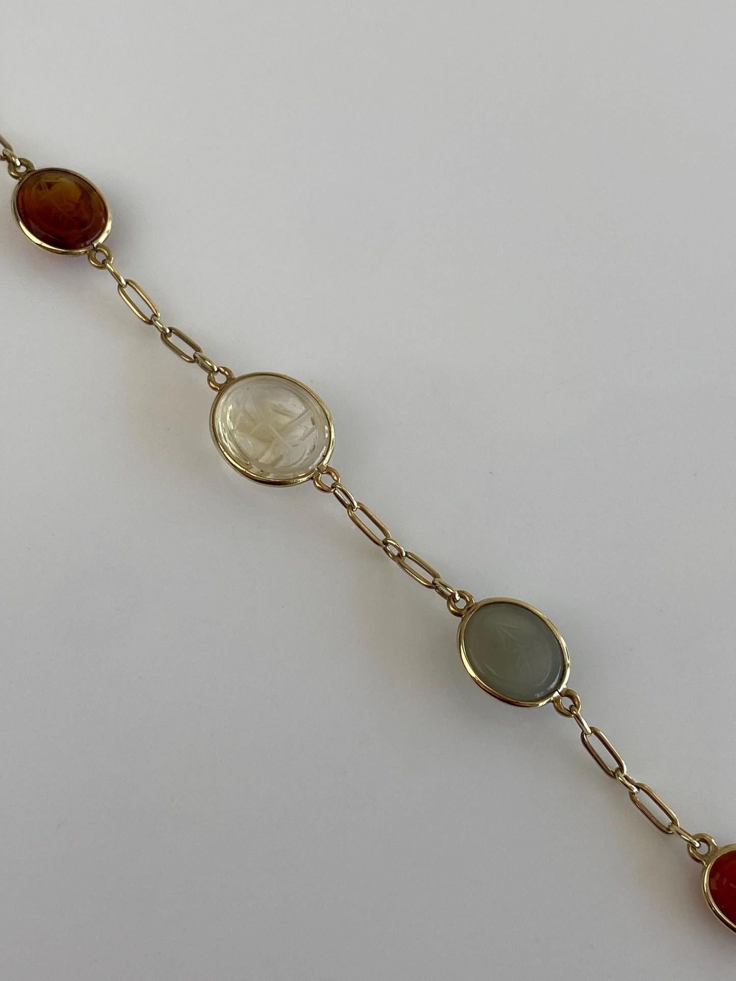 Vintage Solid 14k Yellow Gold Clear Spinel Green Chalcedony Carnelian Milky Quartz Citrine Carved Scarab Long Link Bracelet - 7.75 inches