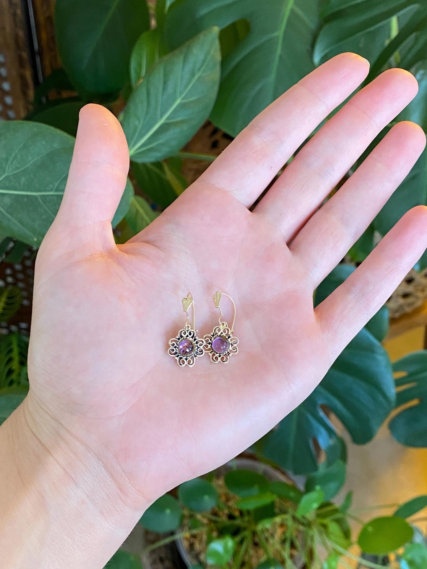 Vintage Solid 14k Yellow Gold Amethyst Ornate Dangle Earrings