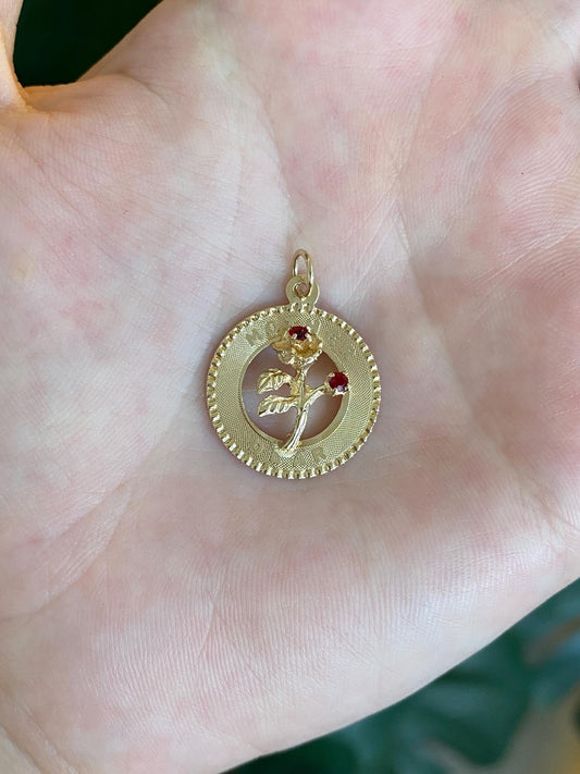 Vintage Solid 14k Yellow Gold Red Cubic Zirconia 'Mother Dear' Roses Charm