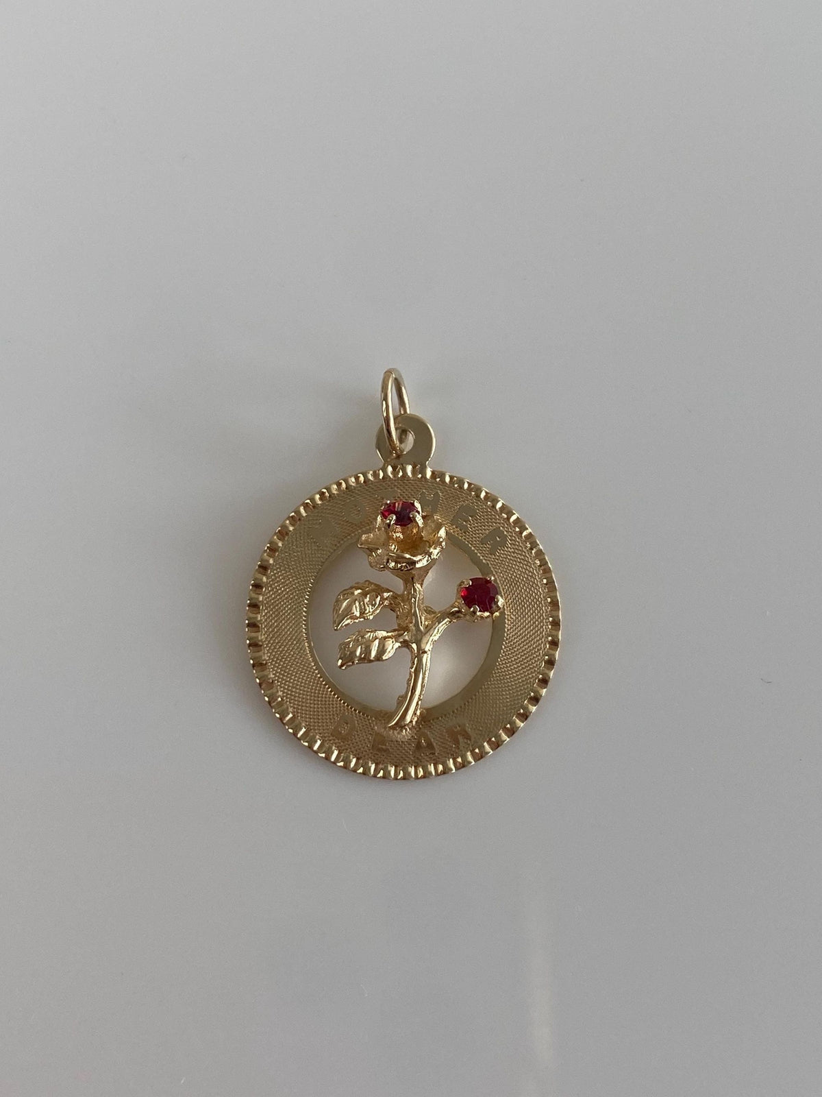Vintage Solid 14k Yellow Gold Red Cubic Zirconia 'Mother Dear' Roses Charm