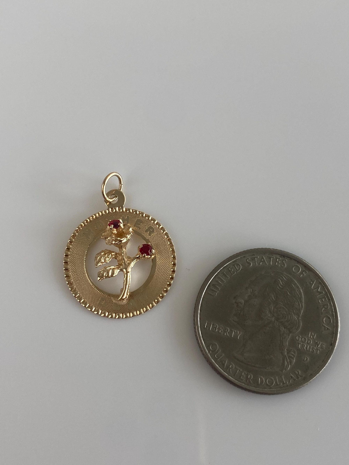 Vintage Solid 14k Yellow Gold Red Cubic Zirconia 'Mother Dear' Roses Charm