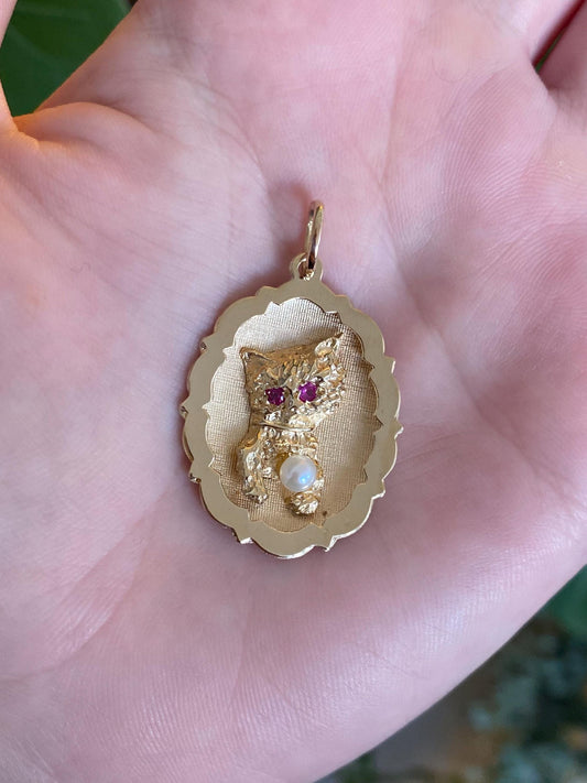 Vintage Solid 14k Yellow Gold Pearl Pink Sapphire Kitten Charm