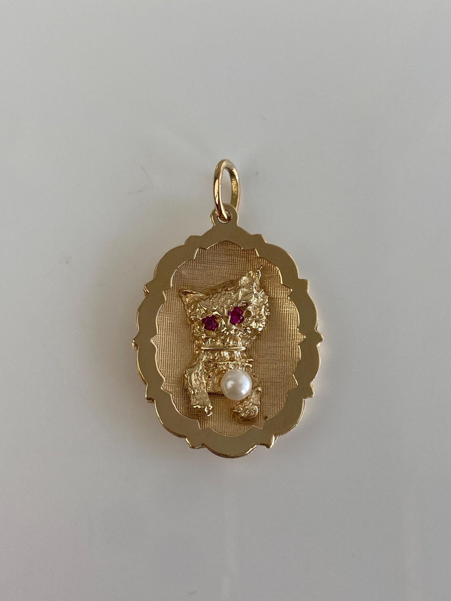 Vintage Solid 14k Yellow Gold Pearl Pink Sapphire Kitten Charm