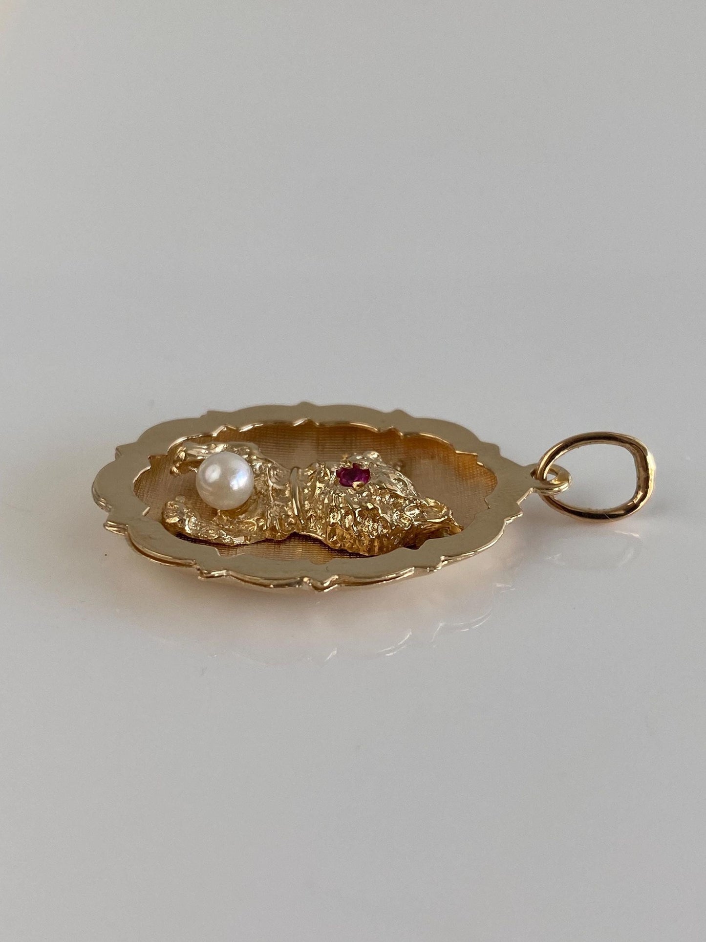 Vintage Solid 14k Yellow Gold Pearl Pink Sapphire Kitten Charm