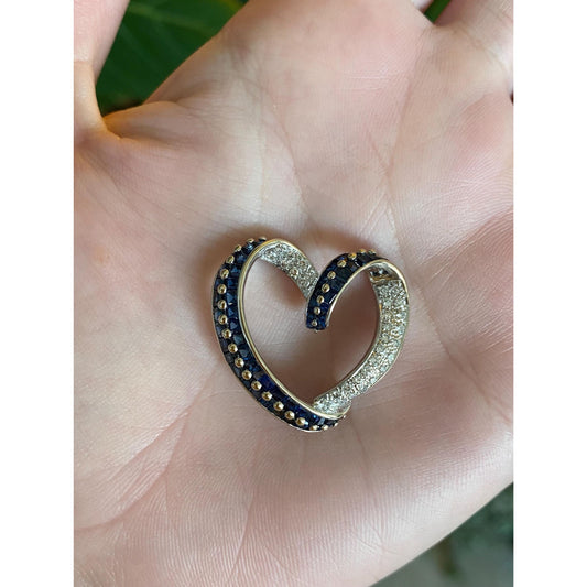 Vintage Solid 18k White Gold Diamond Blue Sapphire Heart Slide Charm