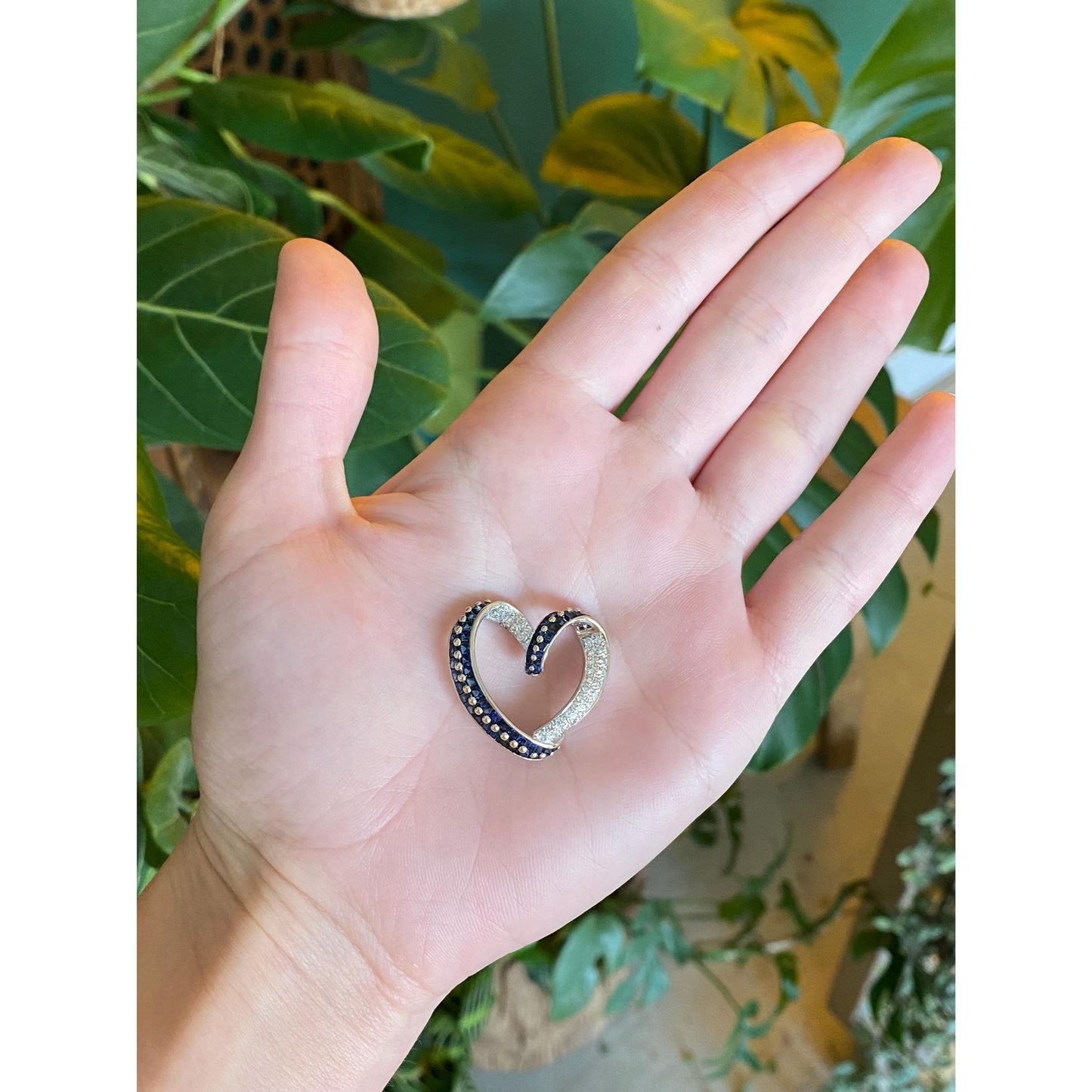 Vintage Solid 18k White Gold Diamond Blue Sapphire Heart Slide Charm