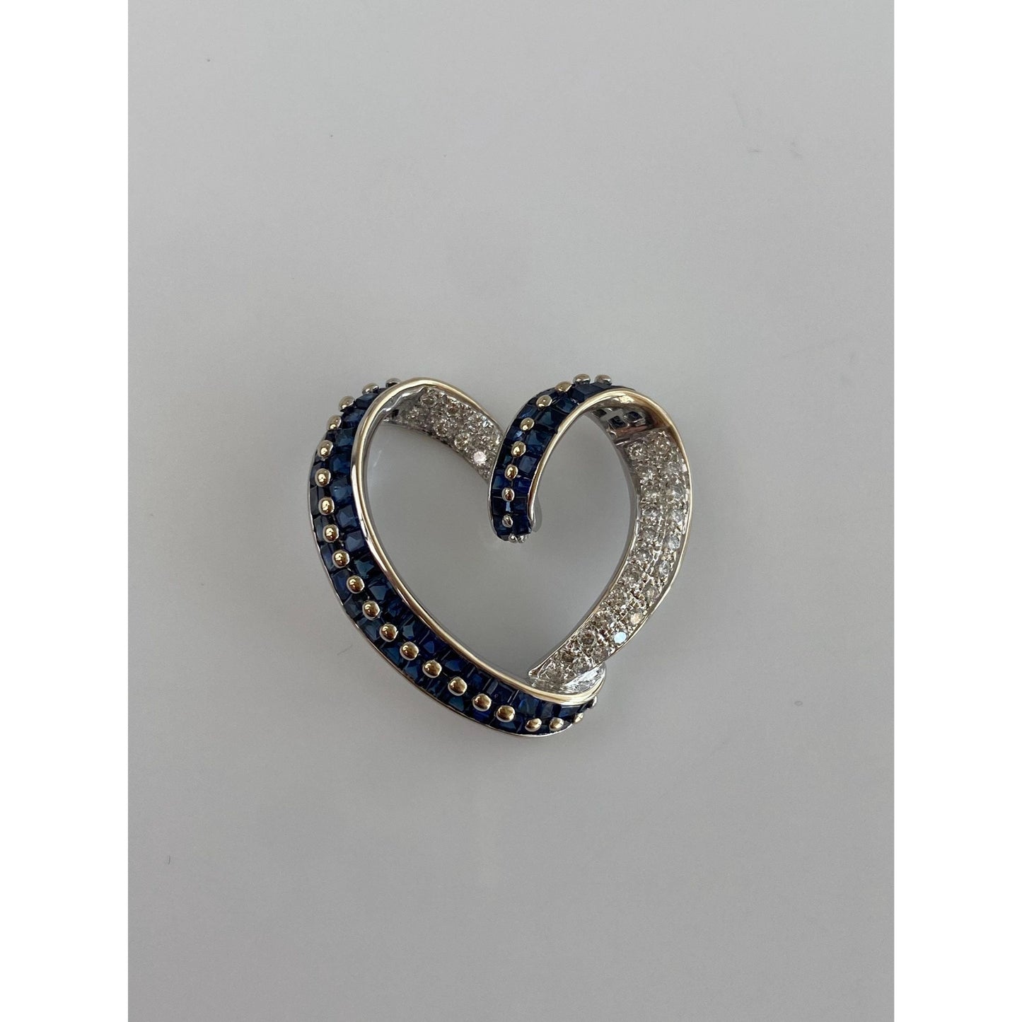 Vintage Solid 18k White Gold Diamond Blue Sapphire Heart Slide Charm