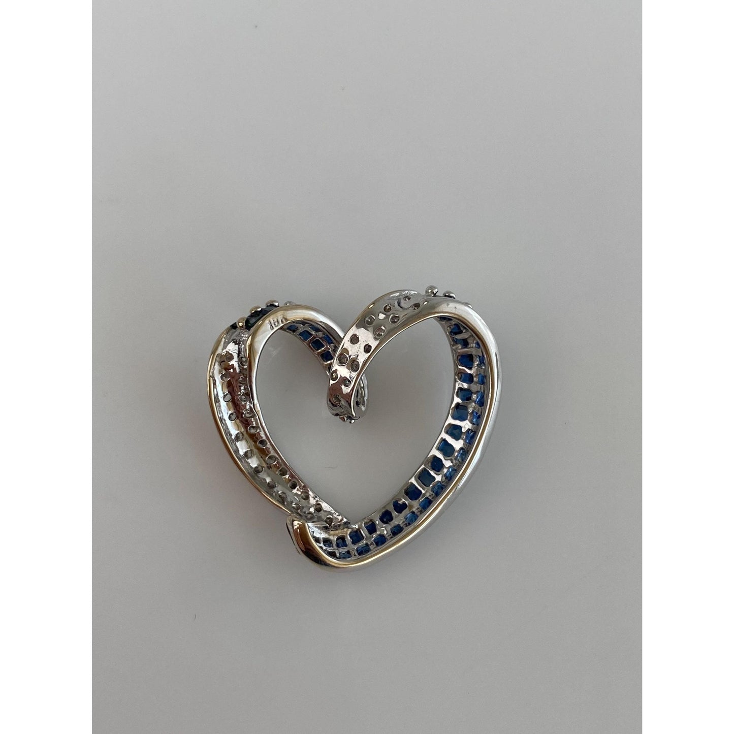 Vintage Solid 18k White Gold Diamond Blue Sapphire Heart Slide Charm