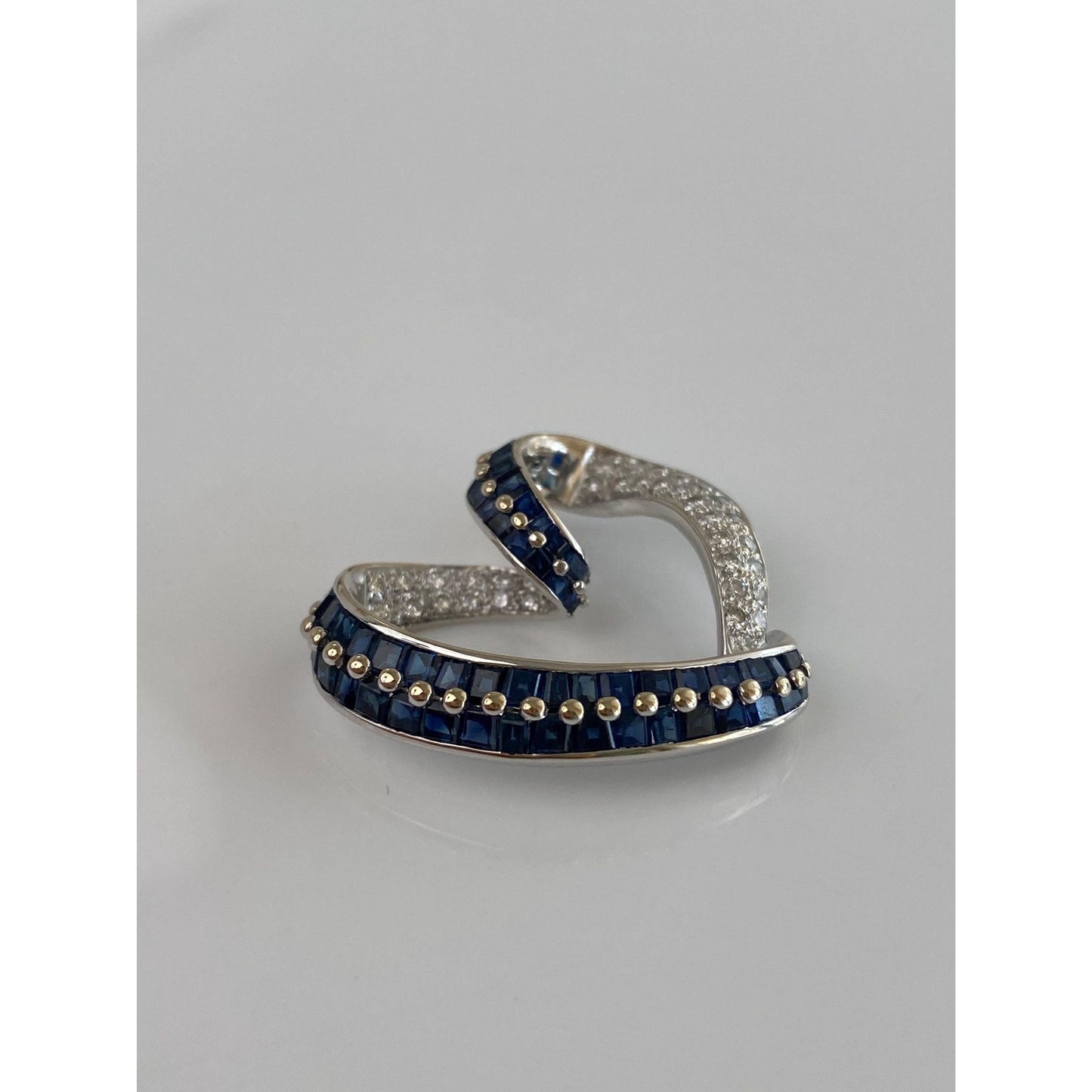 Vintage Solid 18k White Gold Diamond Blue Sapphire Heart Slide Charm