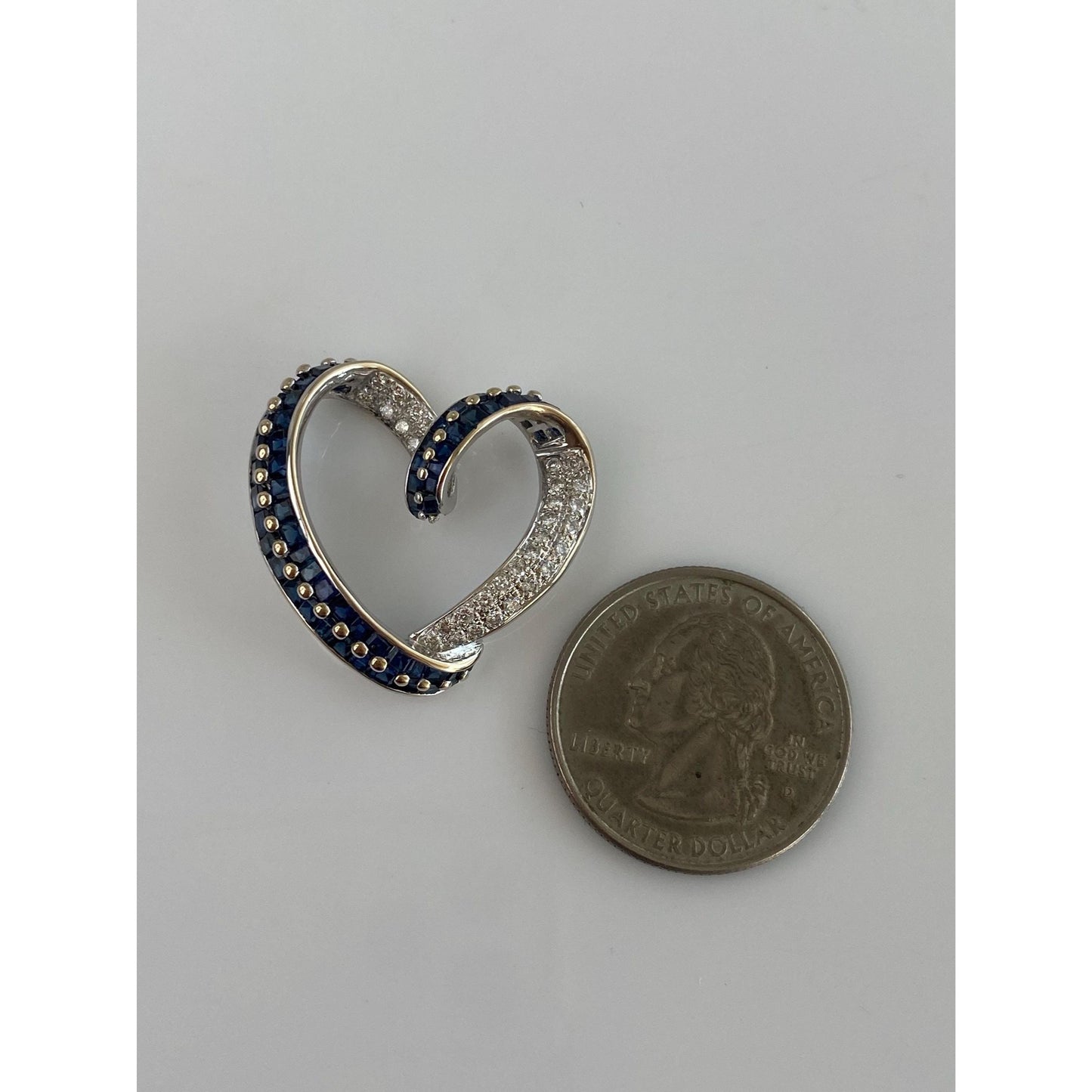 Vintage Solid 18k White Gold Diamond Blue Sapphire Heart Slide Charm