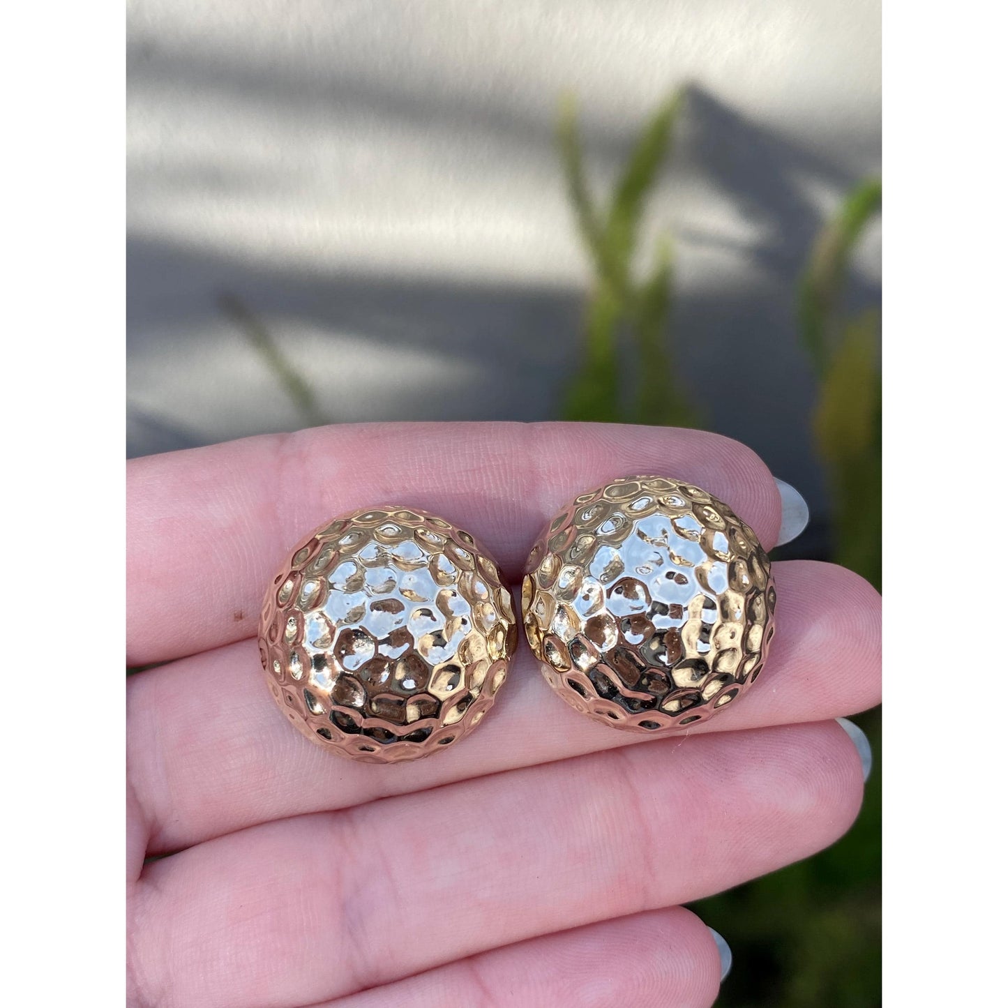 Vintage 14k Yellow Gold Large Hammered Texture Domed Stud Earrings