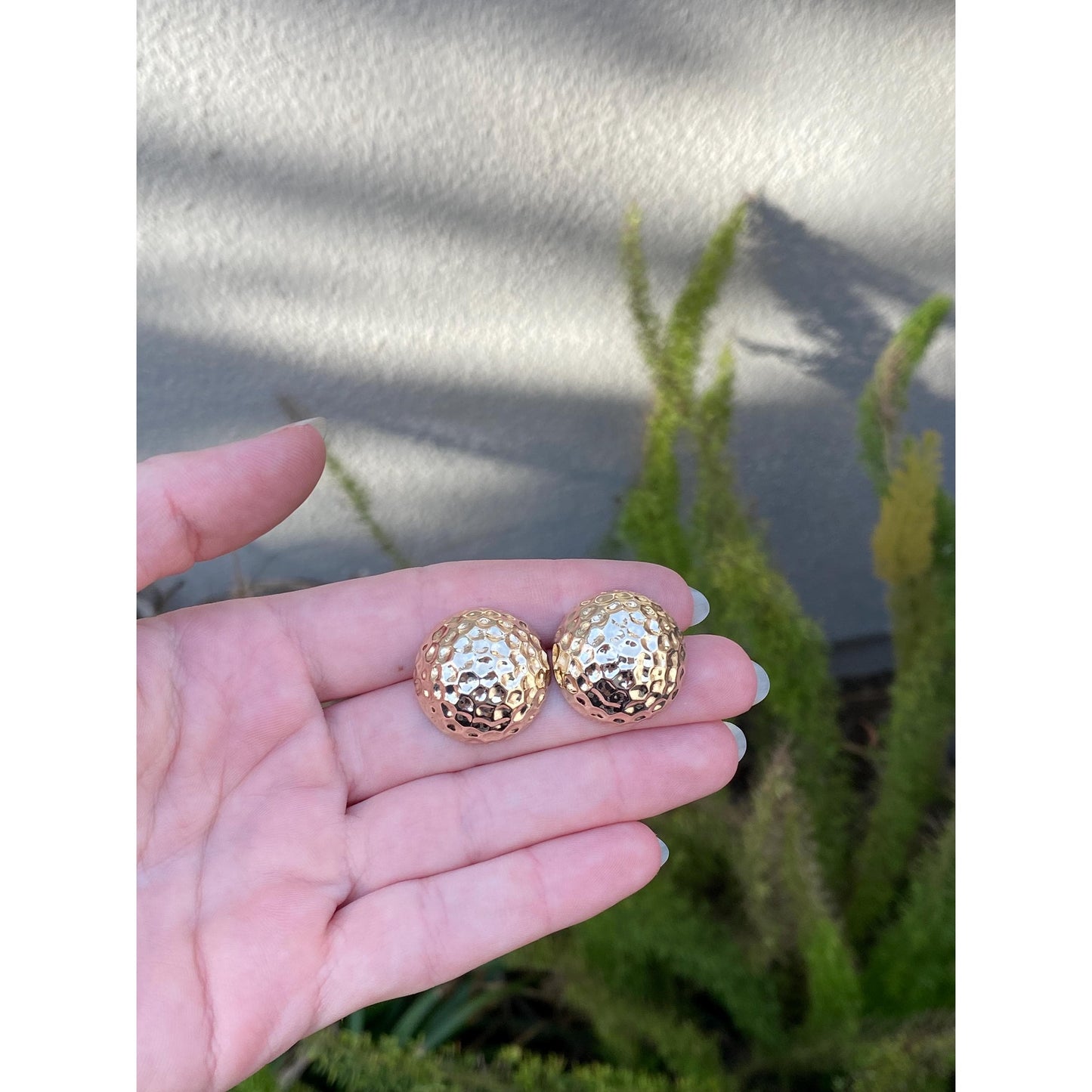 Vintage 14k Yellow Gold Large Hammered Texture Domed Stud Earrings