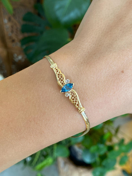 Vintage Solid 14k Yellow Gold Diamond Topaz Filigree Flat Chain Bracelet - 7 inches