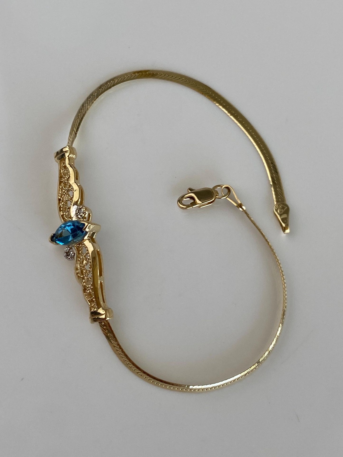 Vintage Solid 14k Yellow Gold Diamond Topaz Filigree Flat Chain Bracelet - 7 inches