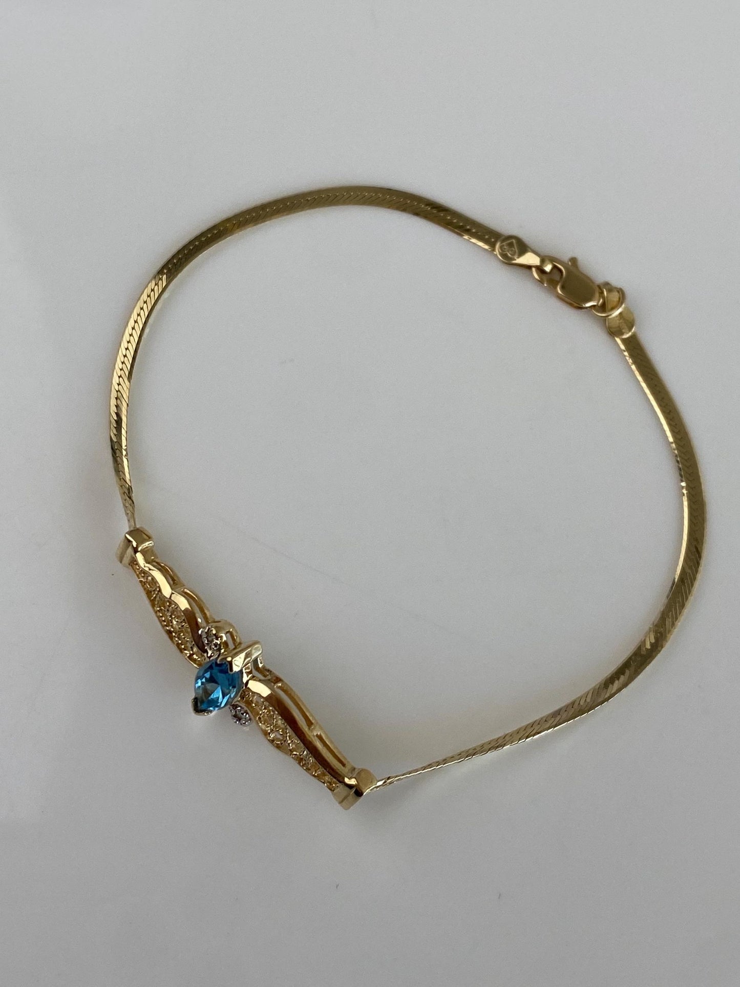 Vintage Solid 14k Yellow Gold Diamond Topaz Filigree Flat Chain Bracelet - 7 inches