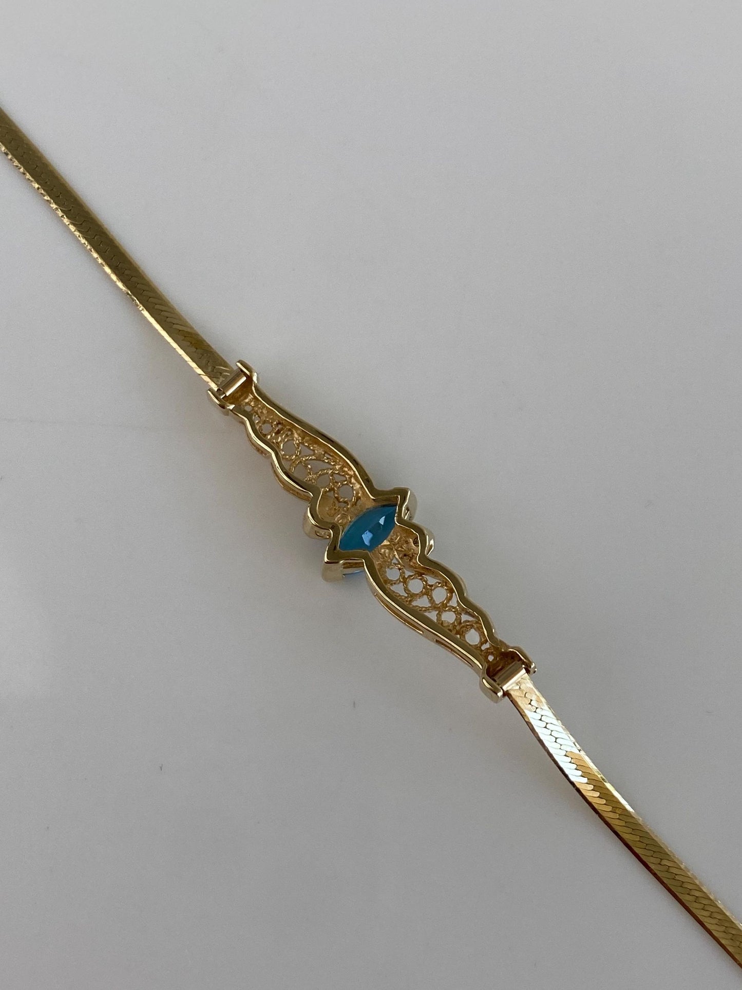 Vintage Solid 14k Yellow Gold Diamond Topaz Filigree Flat Chain Bracelet - 7 inches