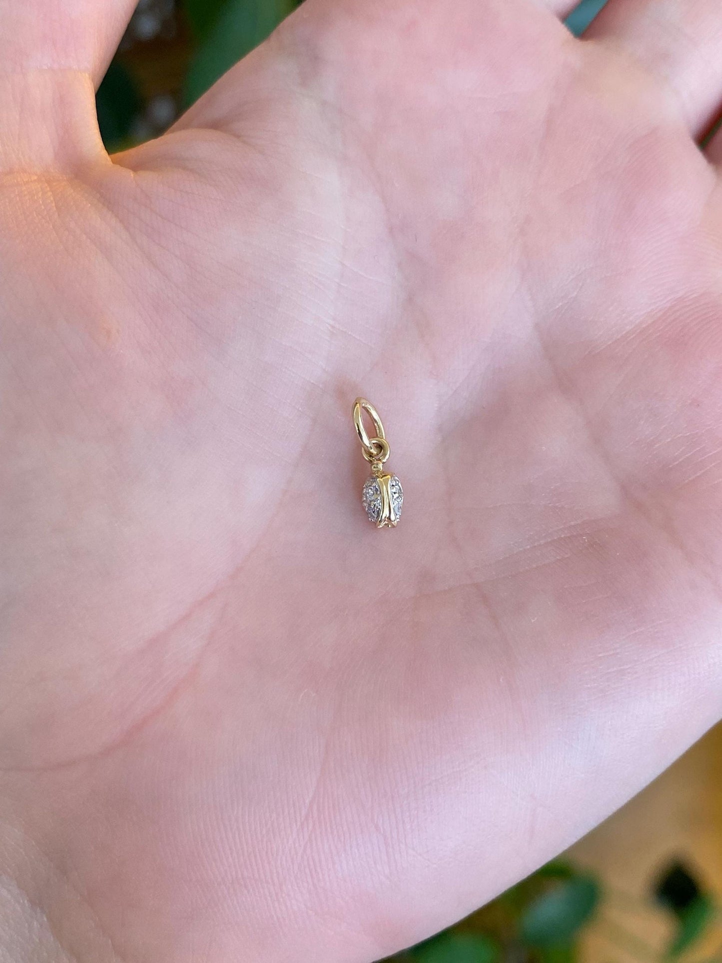 Vintage Solid 14k White & Yellow Gold Tiny Diamond Rose Bud Charm