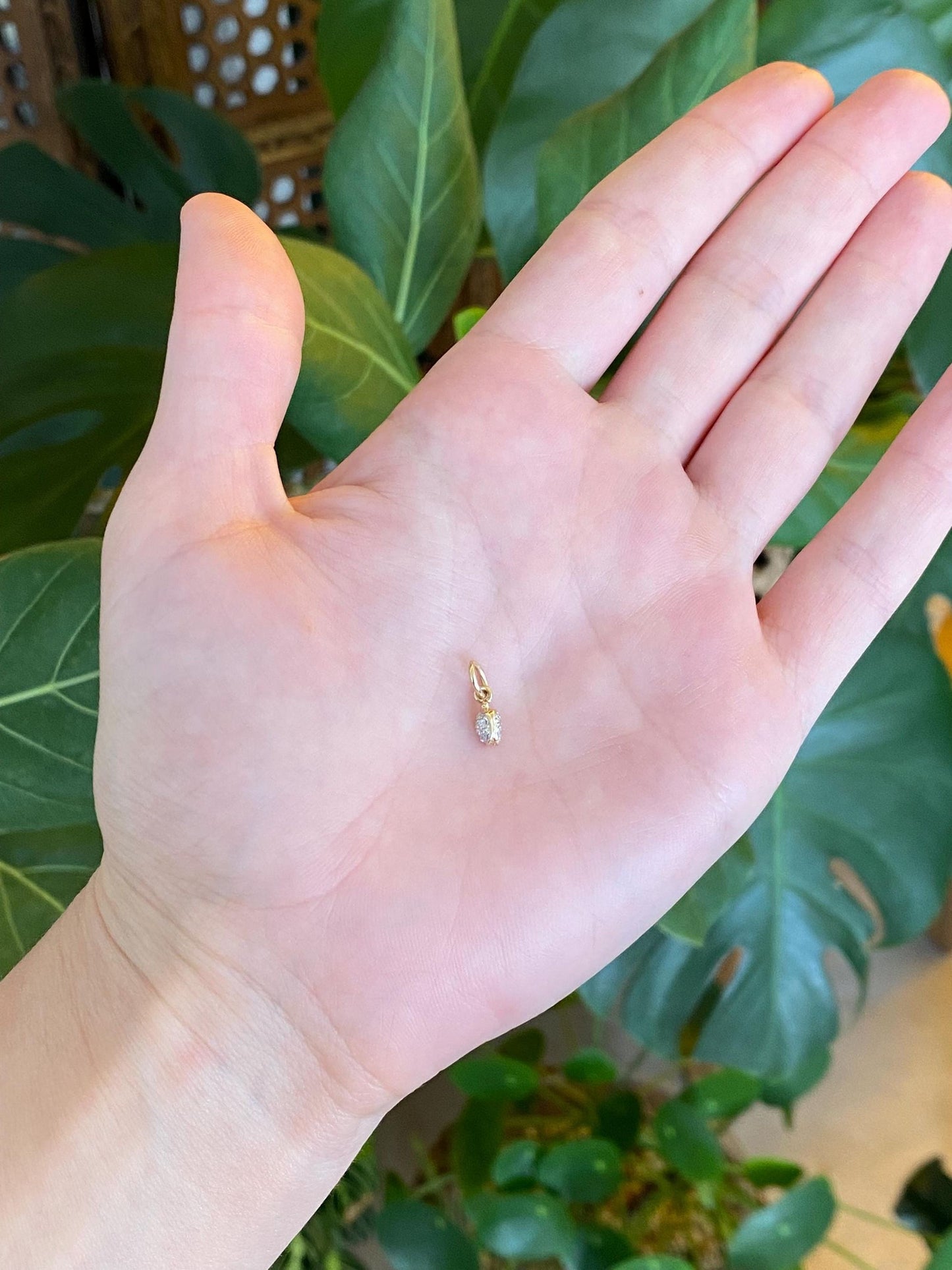 Vintage Solid 14k White & Yellow Gold Tiny Diamond Rose Bud Charm