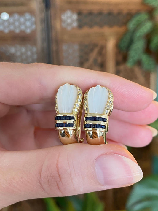 Vintage Solid 14k Yellow Gold Diamond Blue Sapphire Mother of Pearl Drop Earrings