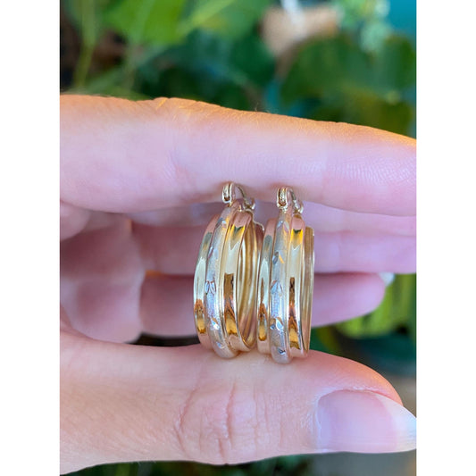 Vintage Solid 14k Yellow Gold Diamond Cut Lined Hoop Earrings