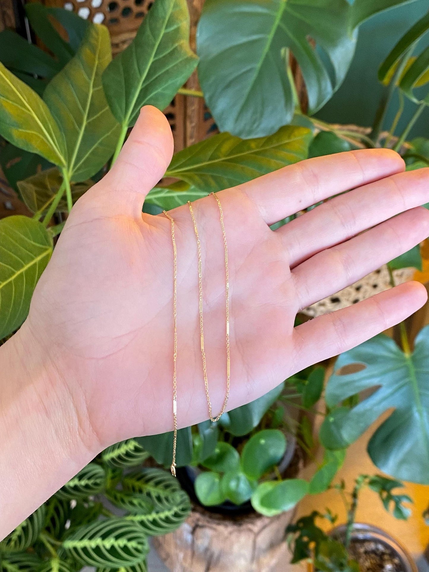 Vintage Solid 14k Yellow Gold Dainty Bar Link Chain Necklace - 15 inches