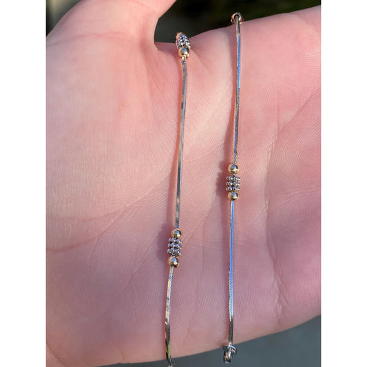 Vintage Solid 14k White & Yellow Gold Bead Square Snake Chain Anklet - 9.75 inches