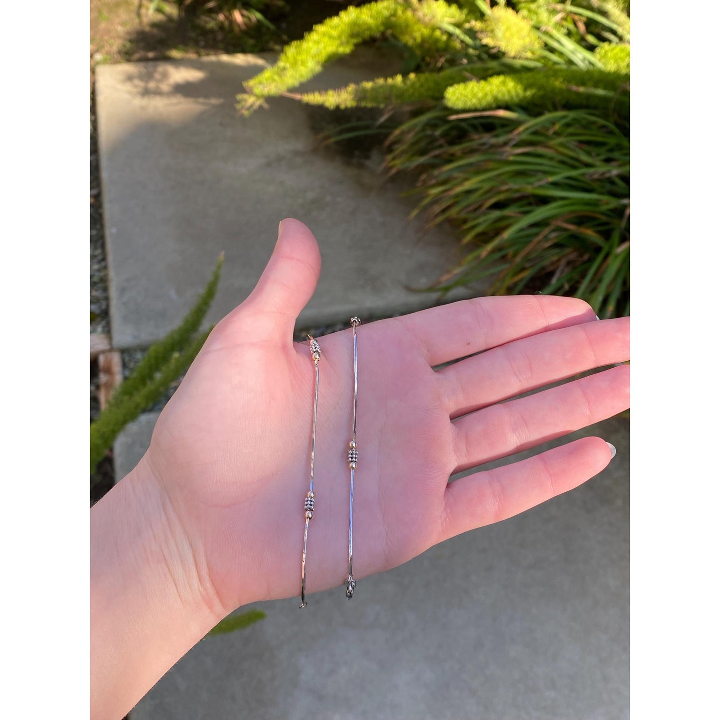 Vintage Solid 14k White & Yellow Gold Bead Square Snake Chain Anklet - 9.75 inches